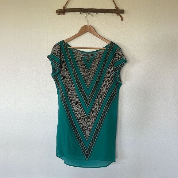 Emerald green printed mini dress - Picture 2 of 4